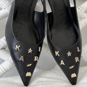 Karl Lagerfeld Womens Black Gold Embellished Kitten Heel Slingback Shoes 8.5 New